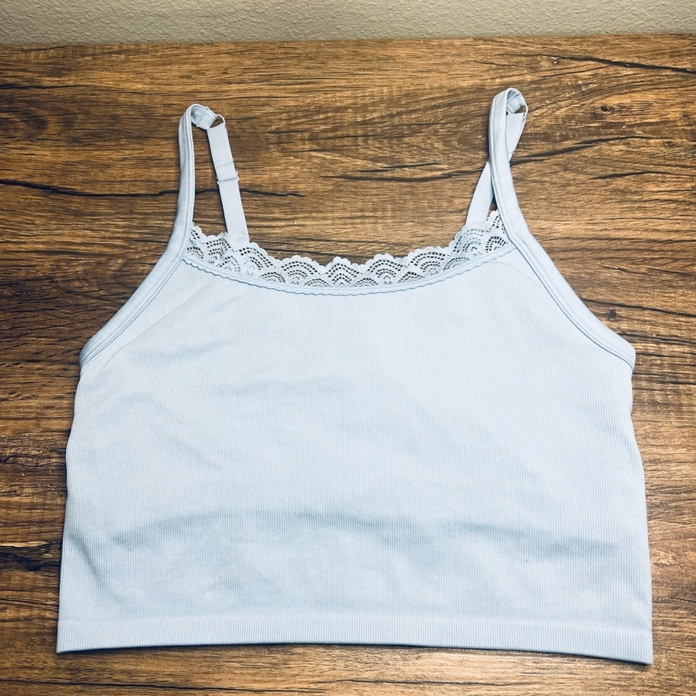 Aerie Ribbed Lace Trim Shelf Bra Crop Tank Baby Blue XL Adjustable Straps